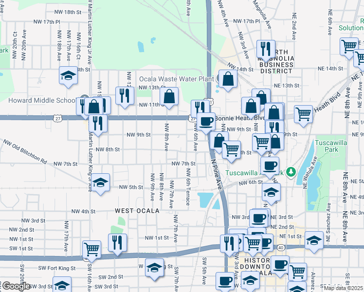 map of restaurants, bars, coffee shops, grocery stores, and more near 605 Northwest 8th Street in Ocala