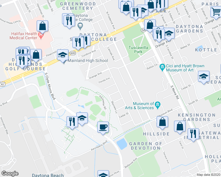 map of restaurants, bars, coffee shops, grocery stores, and more near 1115 Live Oak Avenue in Daytona Beach