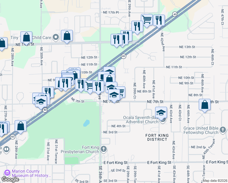 map of restaurants, bars, coffee shops, grocery stores, and more near 3630 Northeast 8th Place in Ocala