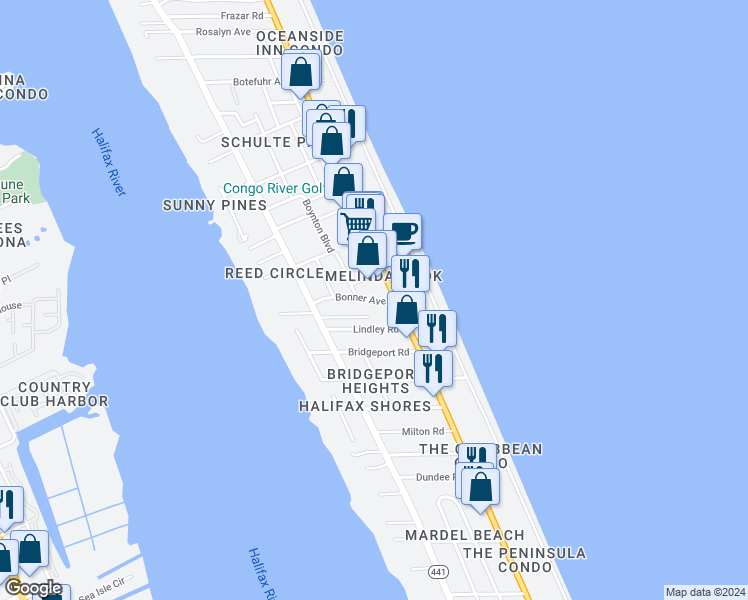 map of restaurants, bars, coffee shops, grocery stores, and more near 11 Robben Terrace in Daytona Beach
