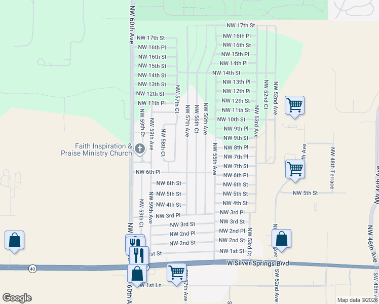 map of restaurants, bars, coffee shops, grocery stores, and more near 695 Northwest 57th Avenue in Ocala
