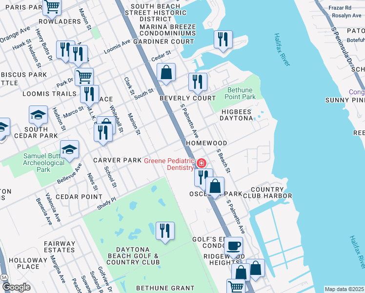 map of restaurants, bars, coffee shops, grocery stores, and more near 912 South Ridgewood Avenue in Daytona Beach
