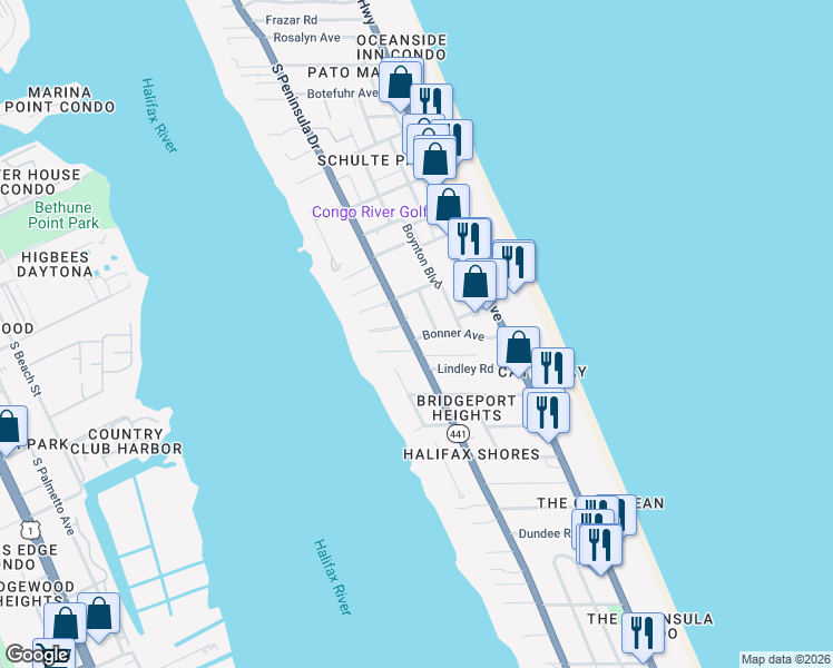 map of restaurants, bars, coffee shops, grocery stores, and more near 2209 South Peninsula Drive in Daytona Beach