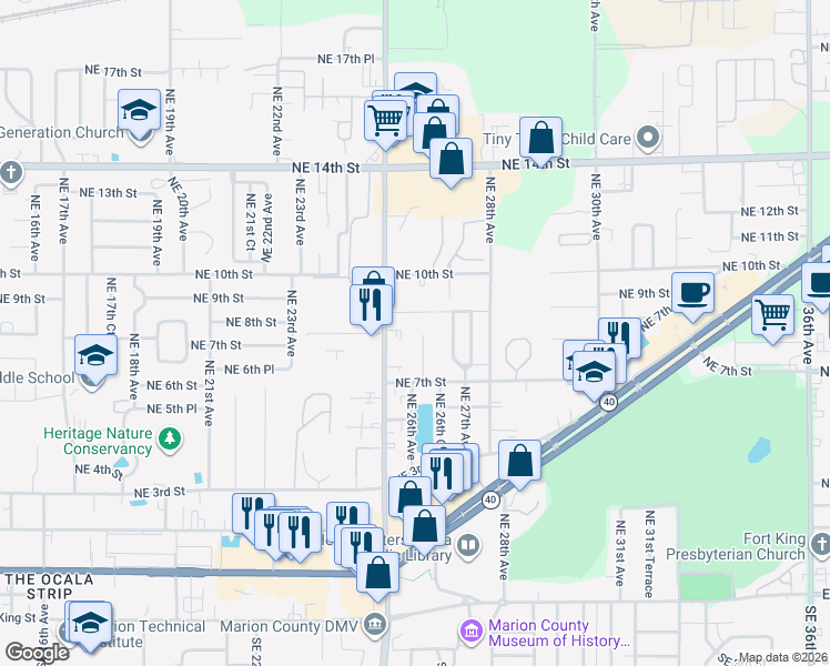 map of restaurants, bars, coffee shops, grocery stores, and more near 735 Northeast 25th Avenue in Ocala