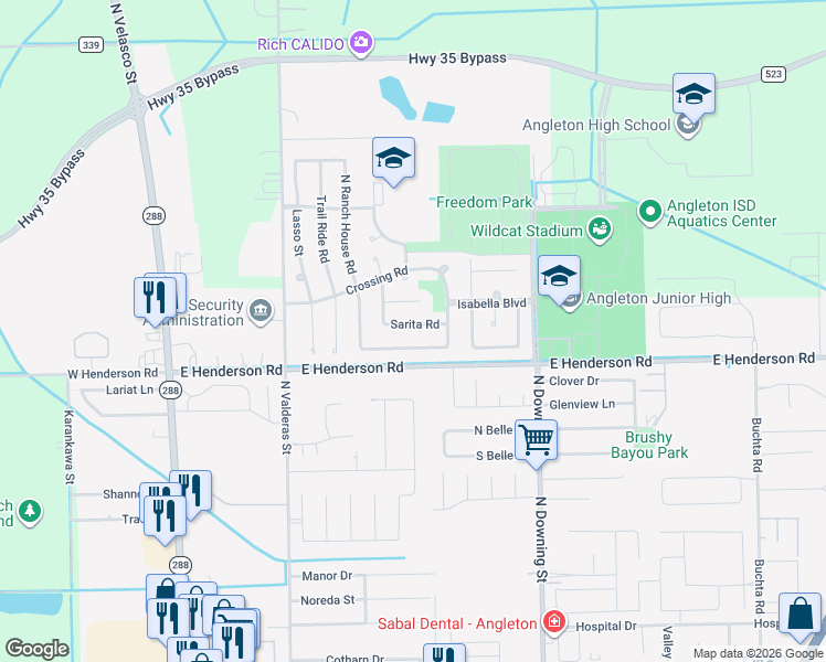 map of restaurants, bars, coffee shops, grocery stores, and more near 41 Ranch House Loop in Angleton
