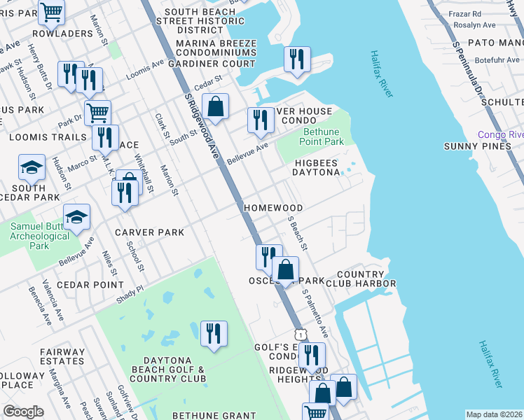 map of restaurants, bars, coffee shops, grocery stores, and more near 221 Short Street in Daytona Beach