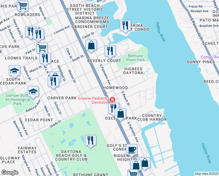 map of restaurants, bars, coffee shops, grocery stores, and more near 223 Short Street in Daytona Beach