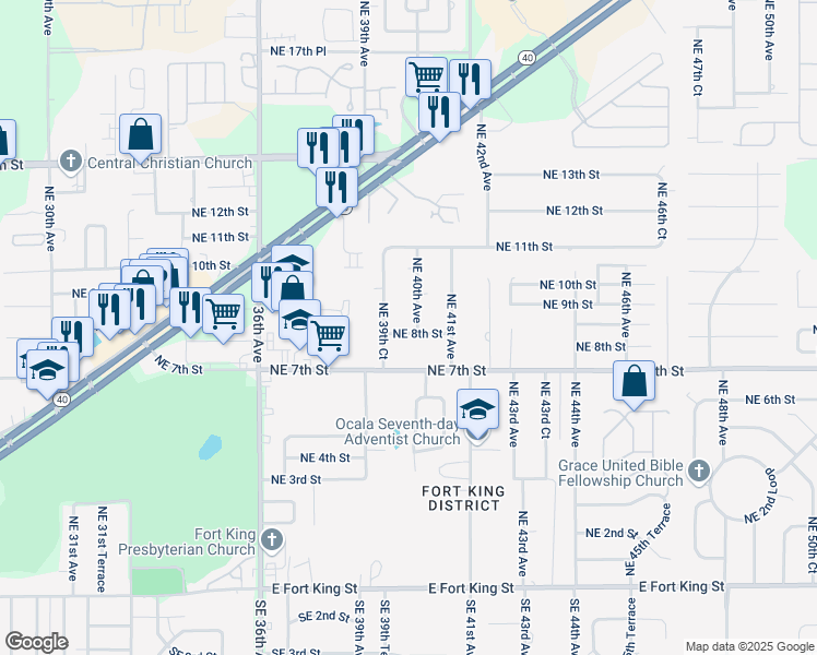map of restaurants, bars, coffee shops, grocery stores, and more near 3927 Northeast 8th Street in Ocala