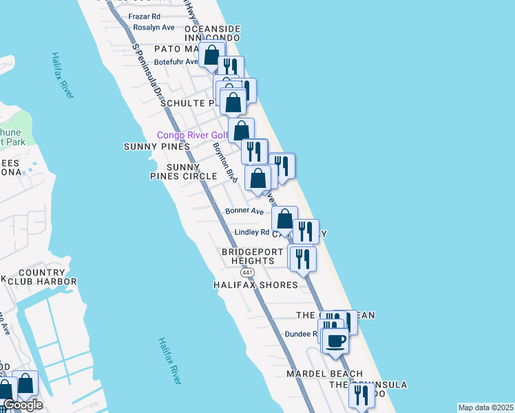 map of restaurants, bars, coffee shops, grocery stores, and more near 11 Robben Terrace in Daytona Beach