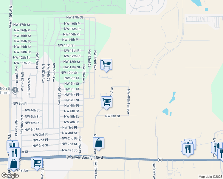 map of restaurants, bars, coffee shops, grocery stores, and more near Northwest 50th Avenue in Ocala