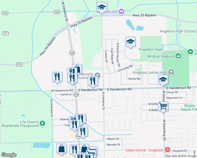 map of restaurants, bars, coffee shops, grocery stores, and more near 2921 Airline Road in Angleton