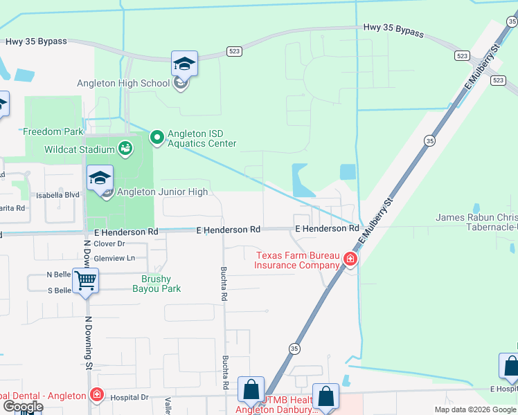 map of restaurants, bars, coffee shops, grocery stores, and more near 1601 East Henderson Road in Angleton