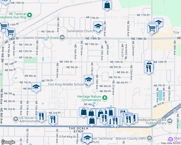 map of restaurants, bars, coffee shops, grocery stores, and more near 901 Northeast 17th Terrace in Ocala