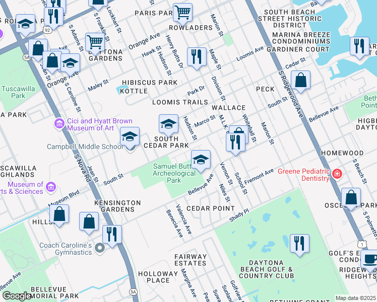 map of restaurants, bars, coffee shops, grocery stores, and more near 155 Ontario Court in Daytona Beach