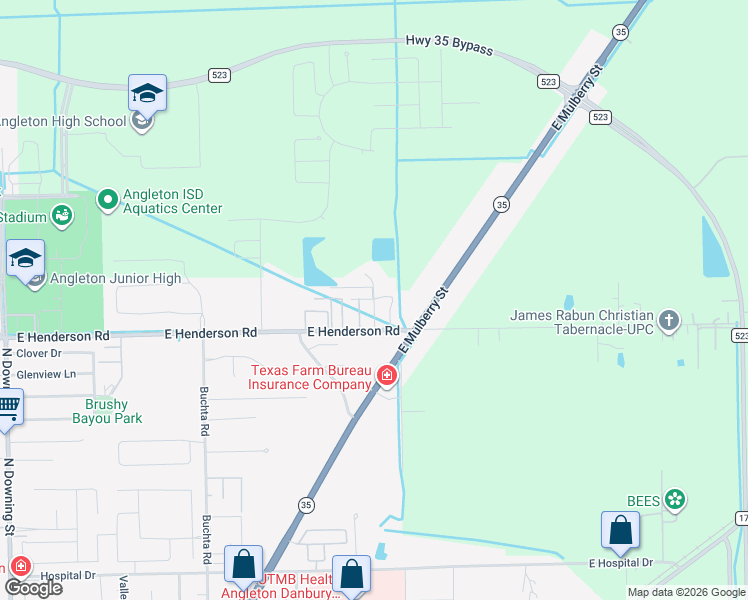 map of restaurants, bars, coffee shops, grocery stores, and more near 199 Julie K Lane in Angleton