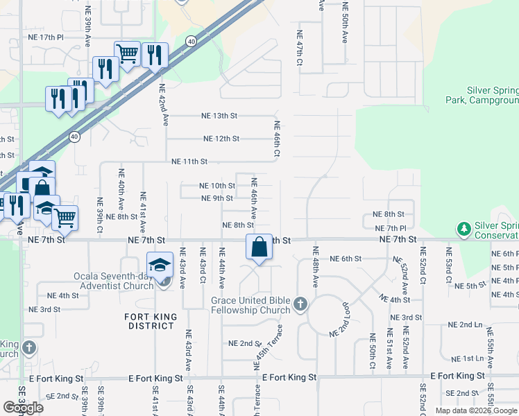 map of restaurants, bars, coffee shops, grocery stores, and more near 4525 Northeast 9th Street in Ocala