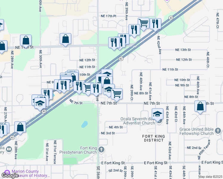 map of restaurants, bars, coffee shops, grocery stores, and more near 3643 Northeast 8th Place in Ocala