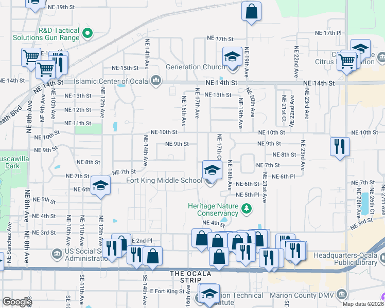 map of restaurants, bars, coffee shops, grocery stores, and more near 742 Northeast 17th Avenue in Ocala
