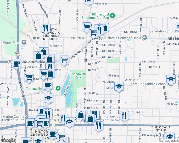 map of restaurants, bars, coffee shops, grocery stores, and more near 911 Northeast 8th Avenue in Ocala