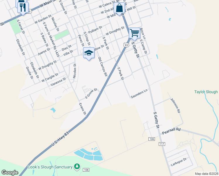 map of restaurants, bars, coffee shops, grocery stores, and more near 341 West Evergreen Street in Uvalde