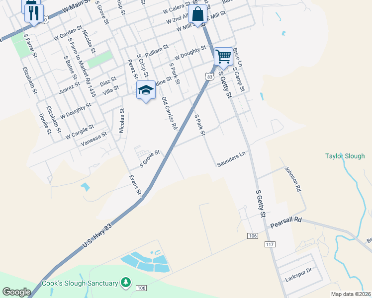 map of restaurants, bars, coffee shops, grocery stores, and more near 341 West Evergreen Street in Uvalde