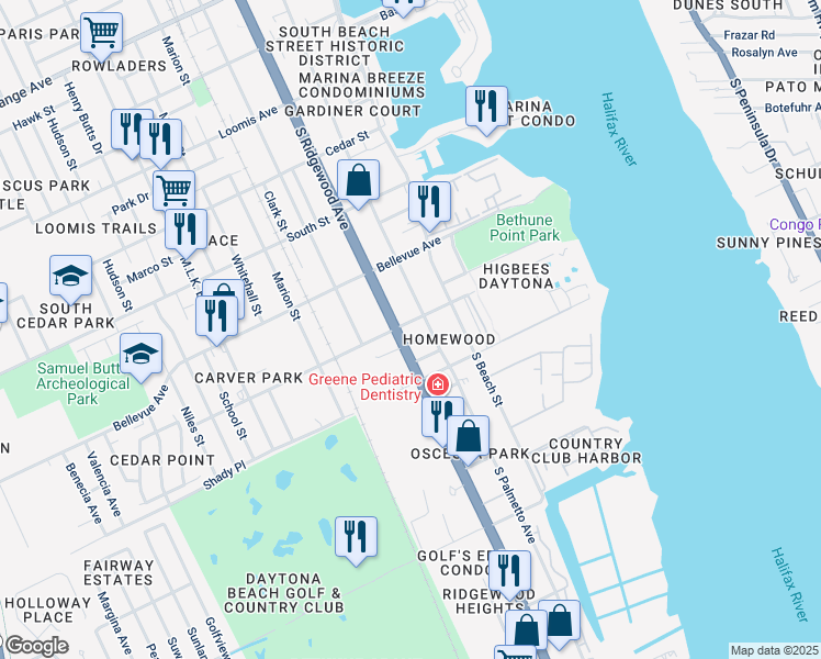 map of restaurants, bars, coffee shops, grocery stores, and more near 116 Fremont Avenue in Daytona Beach