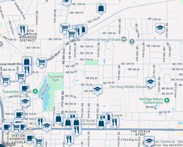 map of restaurants, bars, coffee shops, grocery stores, and more near 1129 Northeast 9th Street in Ocala