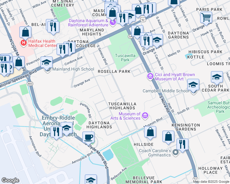 map of restaurants, bars, coffee shops, grocery stores, and more near 530 Lanvale Avenue in Daytona Beach