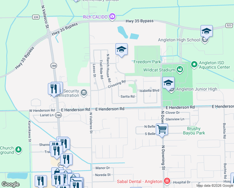 map of restaurants, bars, coffee shops, grocery stores, and more near 8 Sarita Road in Angleton