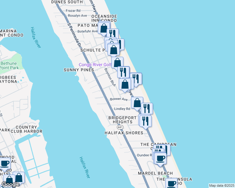 map of restaurants, bars, coffee shops, grocery stores, and more near 2200 South Atlantic Avenue in Daytona Beach