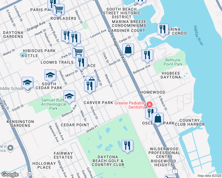 map of restaurants, bars, coffee shops, grocery stores, and more near 505 Bellevue Avenue in Daytona Beach