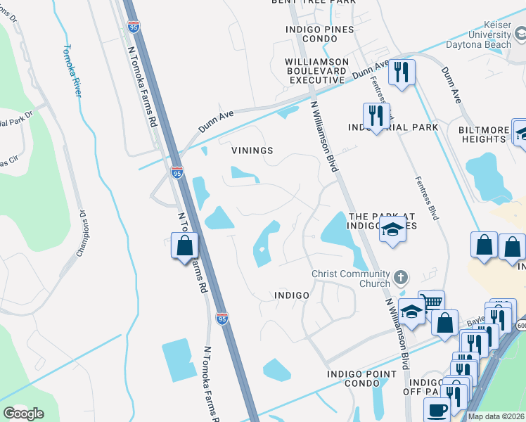 map of restaurants, bars, coffee shops, grocery stores, and more near 230 Braeburn Circle in Daytona Beach