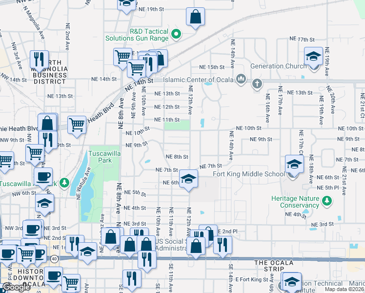 map of restaurants, bars, coffee shops, grocery stores, and more near 1129 Northeast 9th Street in Ocala