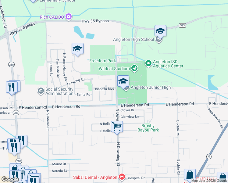 map of restaurants, bars, coffee shops, grocery stores, and more near 3000 North Downing Street in Angleton