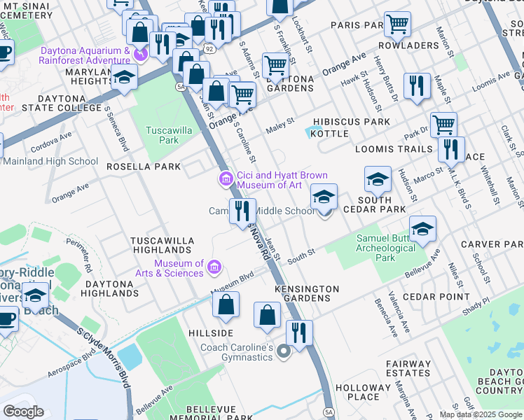 map of restaurants, bars, coffee shops, grocery stores, and more near 511 Jean Street in Daytona Beach
