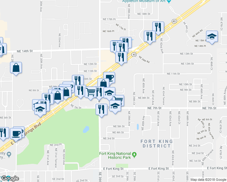 map of restaurants, bars, coffee shops, grocery stores, and more near 3748 Northeast 8th Place in Ocala