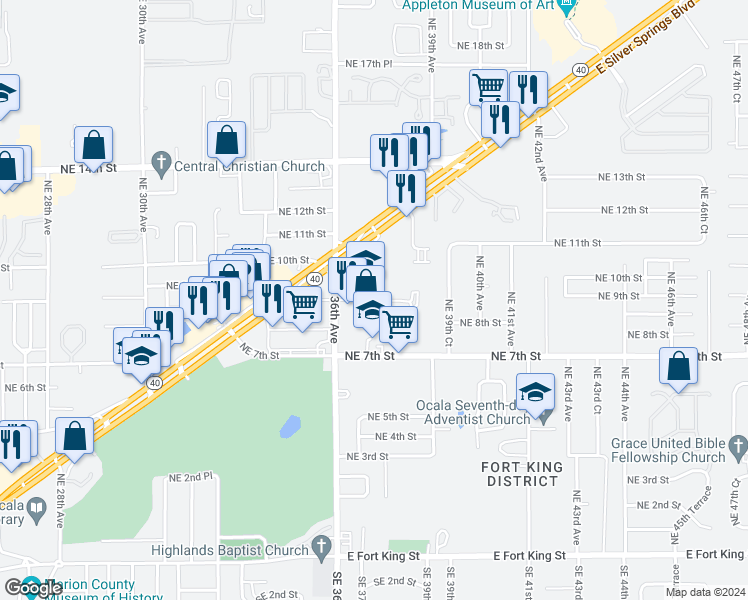 map of restaurants, bars, coffee shops, grocery stores, and more near 3718 Northeast 8th Place in Ocala