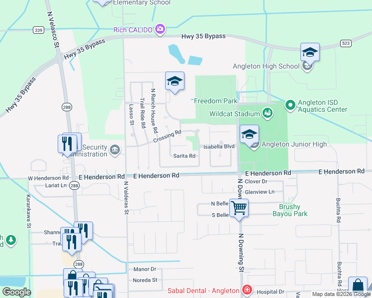 map of restaurants, bars, coffee shops, grocery stores, and more near 7 Lobo Court in Angleton