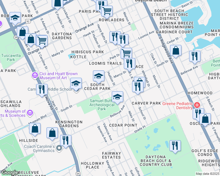map of restaurants, bars, coffee shops, grocery stores, and more near 641 Cedar Park Drive in Daytona Beach
