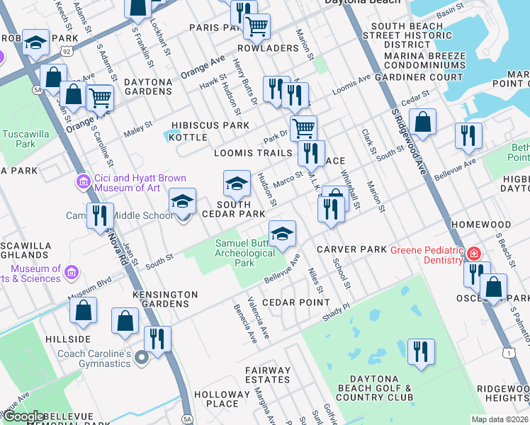 map of restaurants, bars, coffee shops, grocery stores, and more near 641 Cedar Park Drive in Daytona Beach