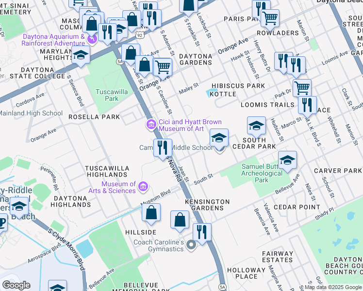 map of restaurants, bars, coffee shops, grocery stores, and more near 511 Jean Street in Daytona Beach