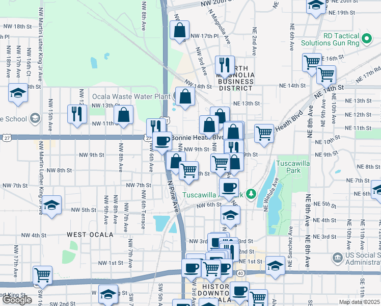 map of restaurants, bars, coffee shops, grocery stores, and more near 232 Northwest 9th Street in Ocala