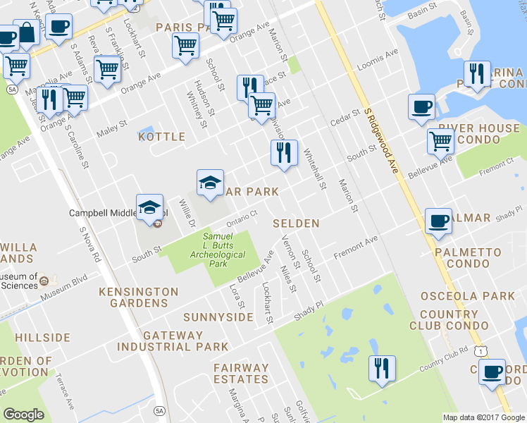 map of restaurants, bars, coffee shops, grocery stores, and more near 708 Vernon Street in Daytona Beach