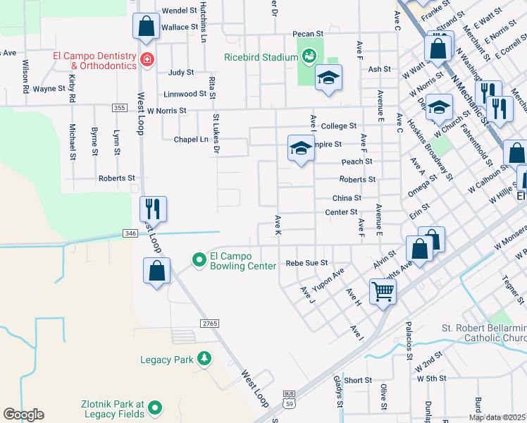 map of restaurants, bars, coffee shops, grocery stores, and more near 1306 Meadow Creek Drive in El Campo