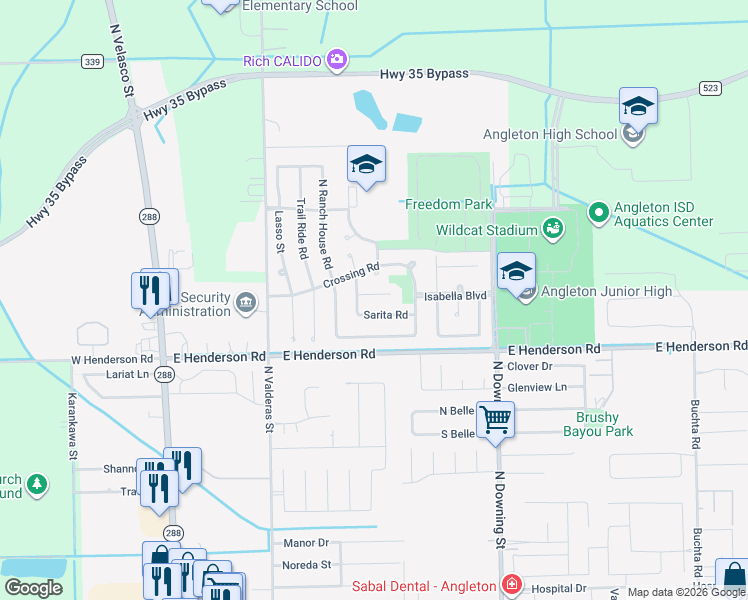 map of restaurants, bars, coffee shops, grocery stores, and more near 7 Lobo Court in Angleton