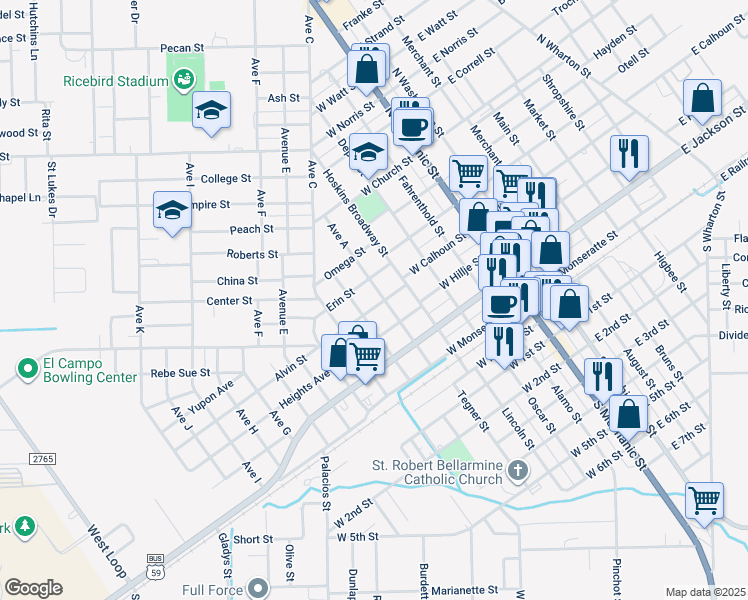 map of restaurants, bars, coffee shops, grocery stores, and more near 405 Avenue A in El Campo