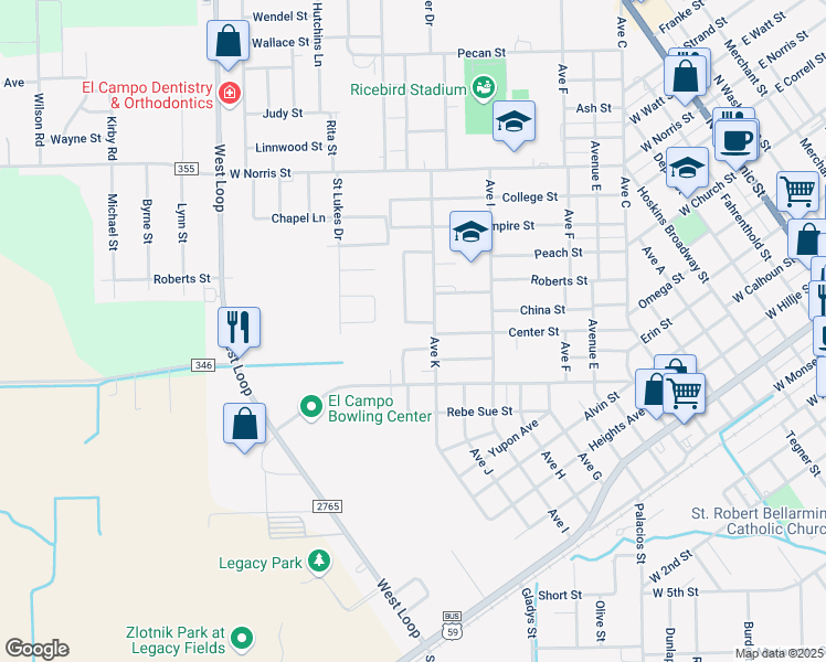 map of restaurants, bars, coffee shops, grocery stores, and more near 1306 Meadow Creek Drive in El Campo