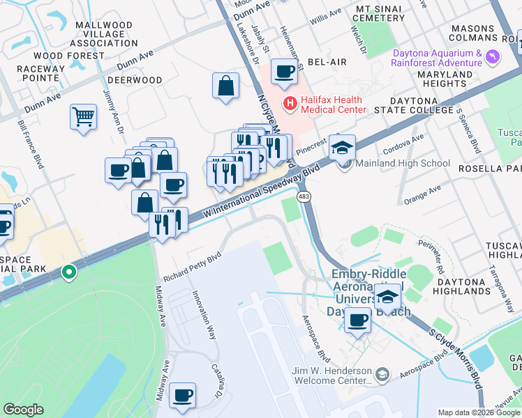 map of restaurants, bars, coffee shops, grocery stores, and more near 1612 Richard Petty Blvd in Daytona Beach