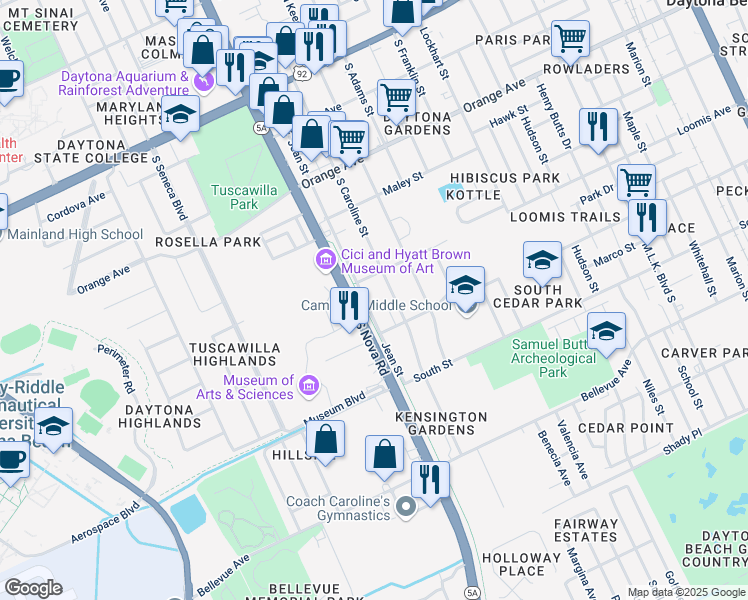 map of restaurants, bars, coffee shops, grocery stores, and more near 511 Jean Street in Daytona Beach