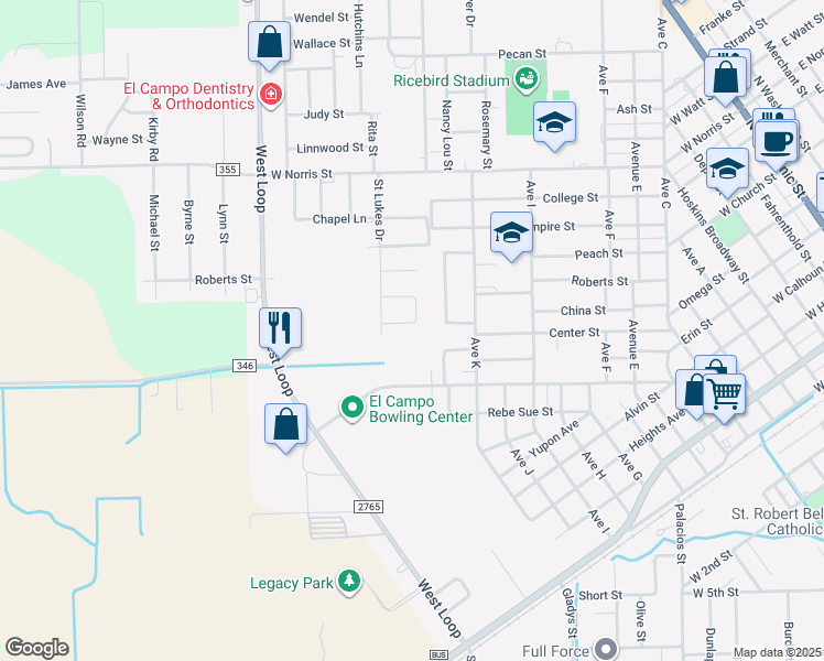 map of restaurants, bars, coffee shops, grocery stores, and more near 1203 Emerald Court in El Campo